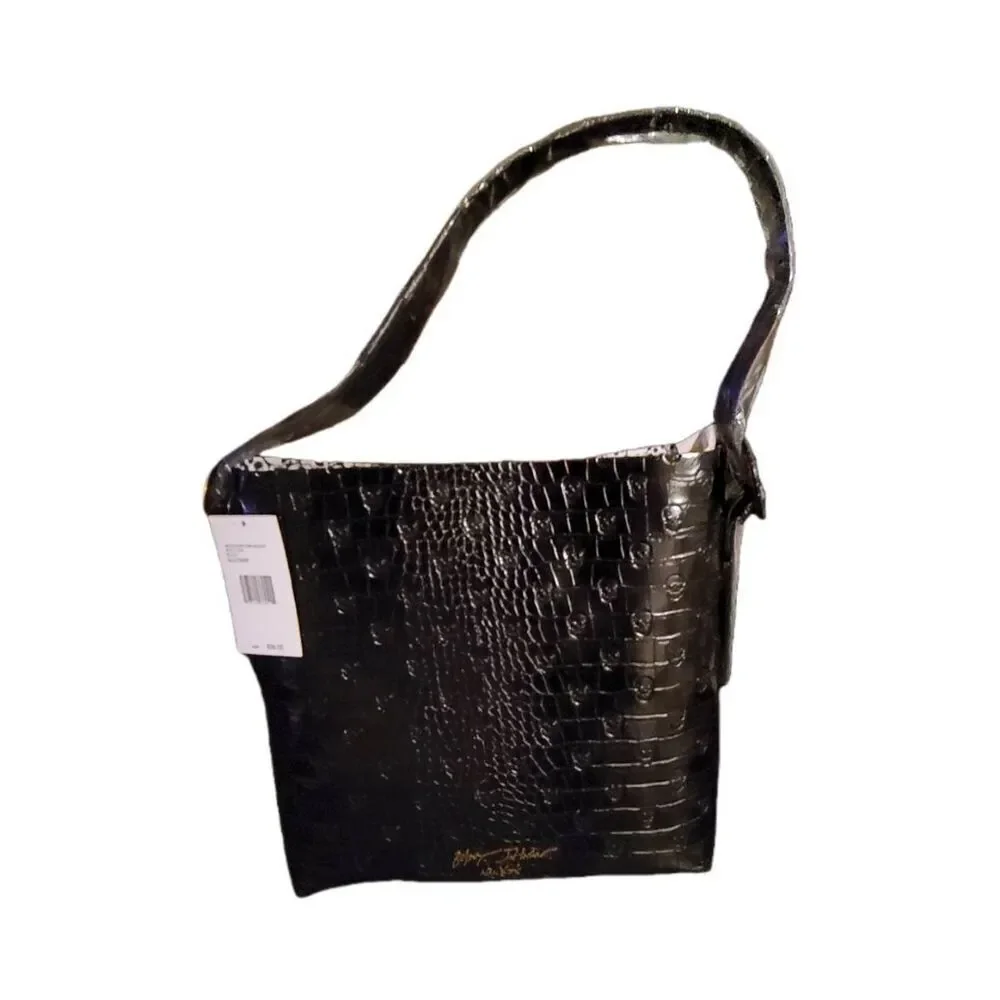 NWT~BETSEY JOHNSON Black Skull & Croc Headquarters Bucket Shoulder Bag~$98 Rtl